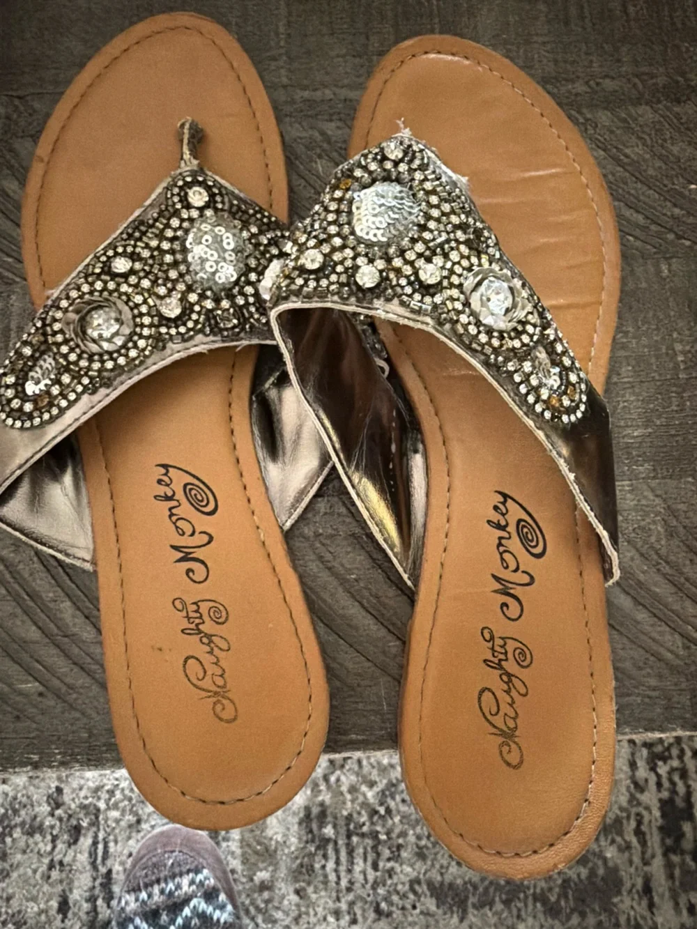3 pair bundle naughty monkey White Beaded T-Strap Sandals with Rhinestones a